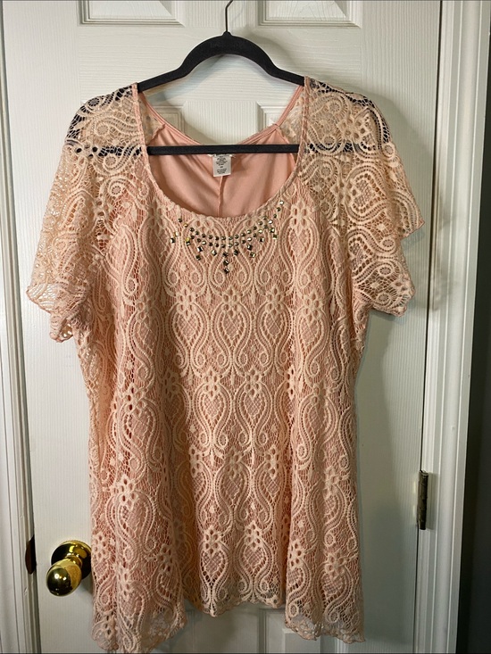 Brittany Black Tops - Brittany Black Peach Lace Top with Studded Accent Size2X